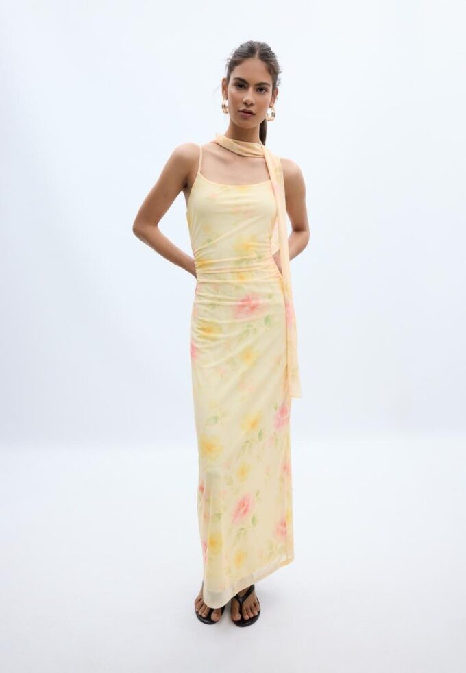 Bedrucktes Midi-Kleid aus Tüll mit Schal Bedrucktes Midi-Kleid aus Tüll mit Schal