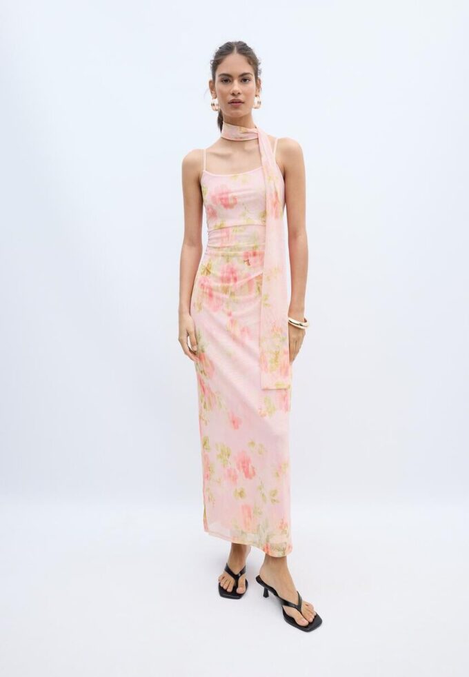 Bedrucktes Midi-Kleid aus Tüll mit Schal Bedrucktes Midi-Kleid aus Tüll mit Schal