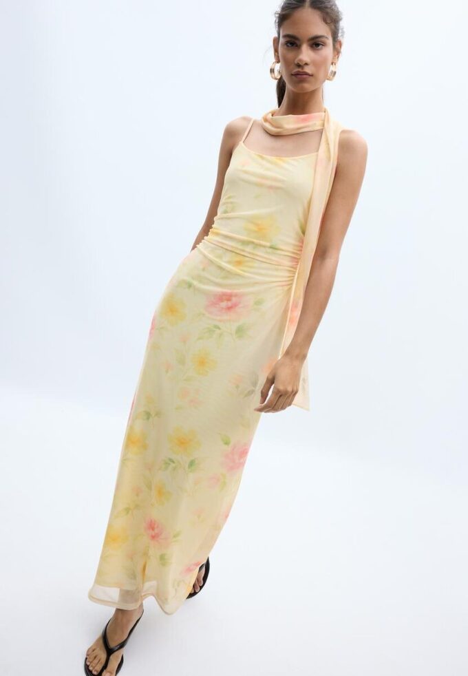 Bedrucktes Midi-Kleid aus Tüll mit Schal Bedrucktes Midi-Kleid aus Tüll mit Schal