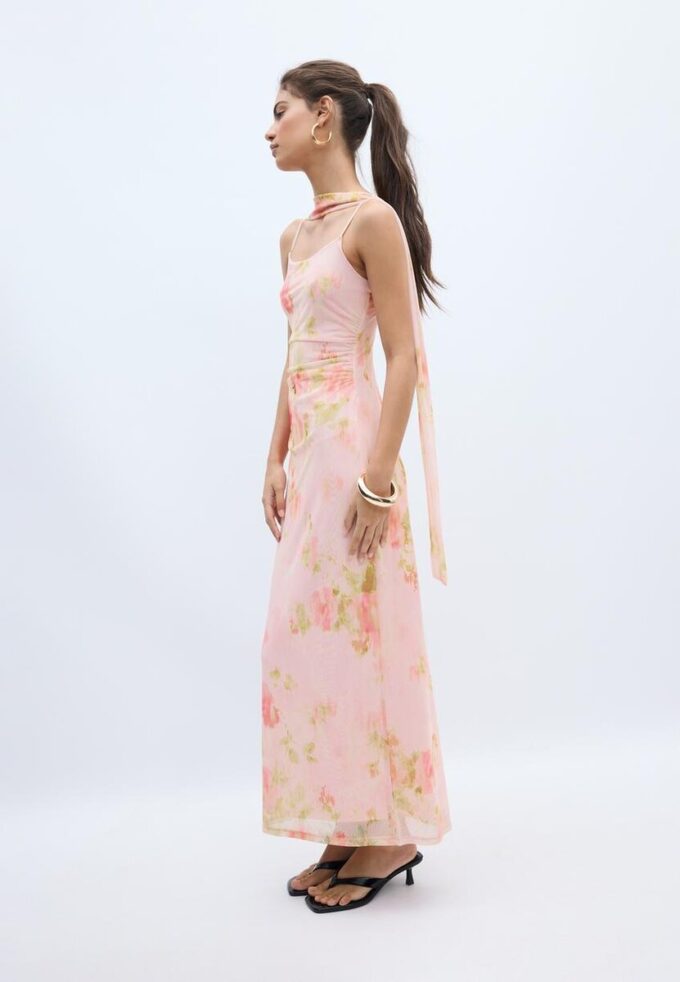 Bedrucktes Midi-Kleid aus Tüll mit Schal Bedrucktes Midi-Kleid aus Tüll mit Schal