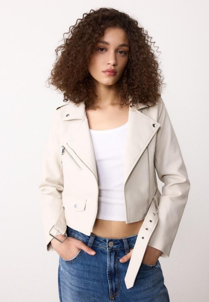 Bikerjacke aus Kunstleder mit Gürtel