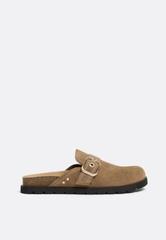 Clogs aus Spaltveloursleder mit Schnalle