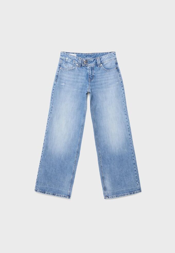 Jeans mit niedriger Leibhöhe und Wide Leg-Bein sowie Schmuckknopf Jeans mit niedriger Leibhöhe und Wide Leg-Bein sowie Schmuckknopf