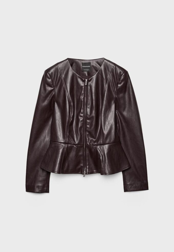 Kragenloser Blazer mit Peplum in Lederoptik Kragenloser Blazer mit Peplum in Lederoptik