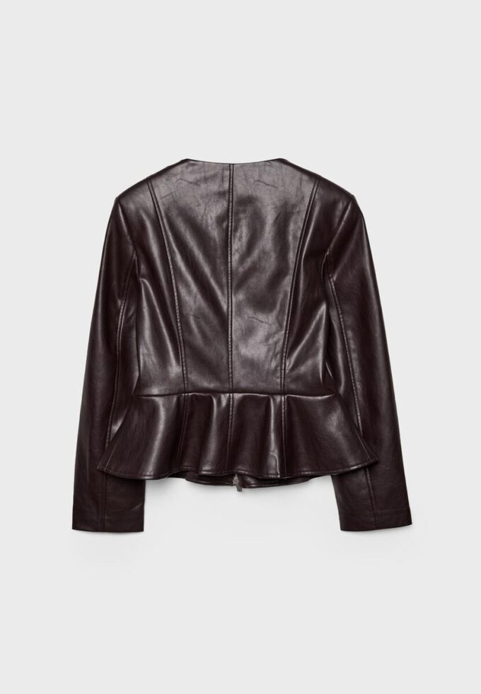 Kragenloser Blazer mit Peplum in Lederoptik Kragenloser Blazer mit Peplum in Lederoptik