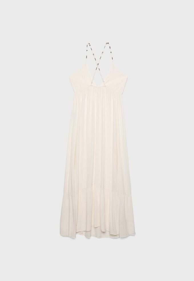 Langes Crêpe-Kleid mit Perlenverzierten Trägern Langes Crêpe-Kleid mit Perlenverzierten Trägern