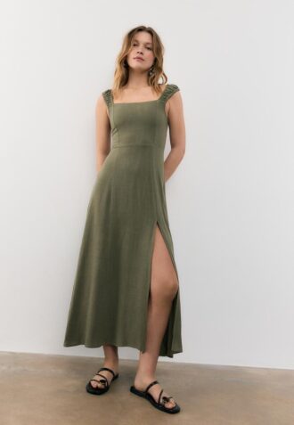 Midi-Kleid mit gekreuztem Rücken im Leinen-Look
