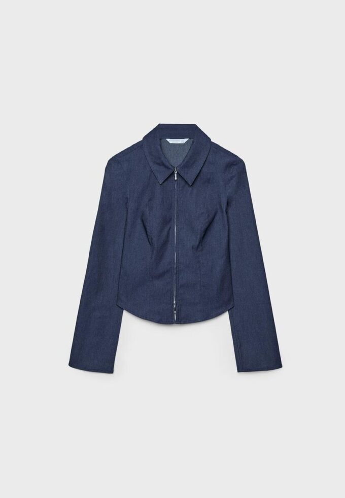 Tailliertes Denim-Hemd aus Bengaline mit doppeltem Reißverschluss Tailliertes Denim-Hemd aus Bengaline mit doppeltem Reißverschluss