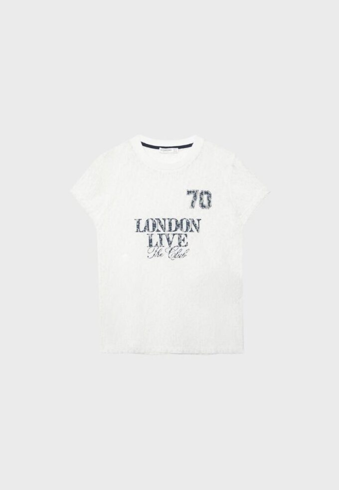Tailliertes T-Shirt mit Spitze und grafischem Detail Tailliertes T-Shirt mit Spitze und grafischem Detail