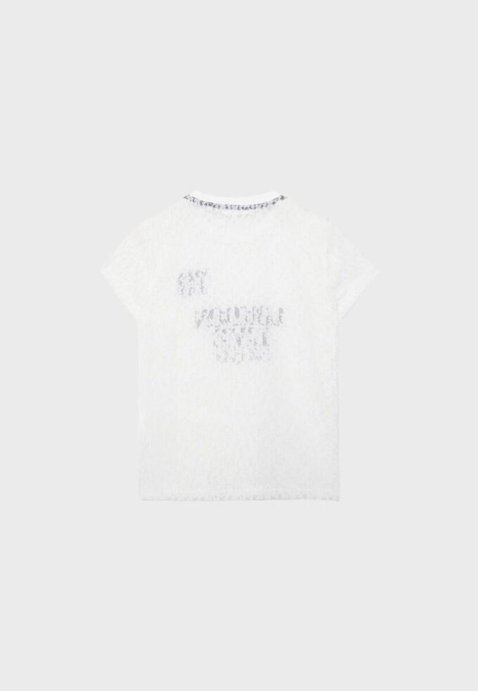 Tailliertes T-Shirt mit Spitze und grafischem Detail Tailliertes T-Shirt mit Spitze und grafischem Detail